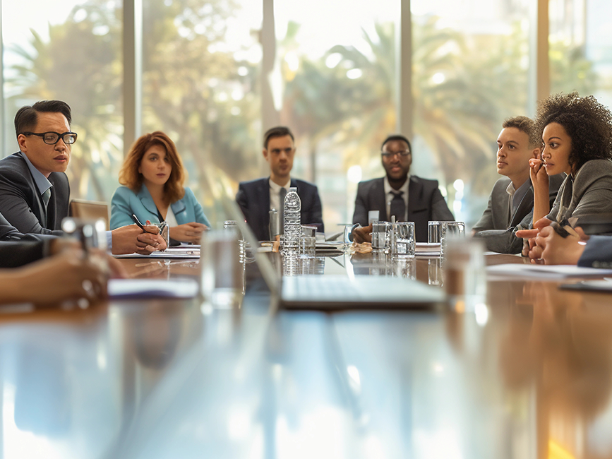 corporate meeting focused with professionals engaged in a serious discussion around a large, polished conference table