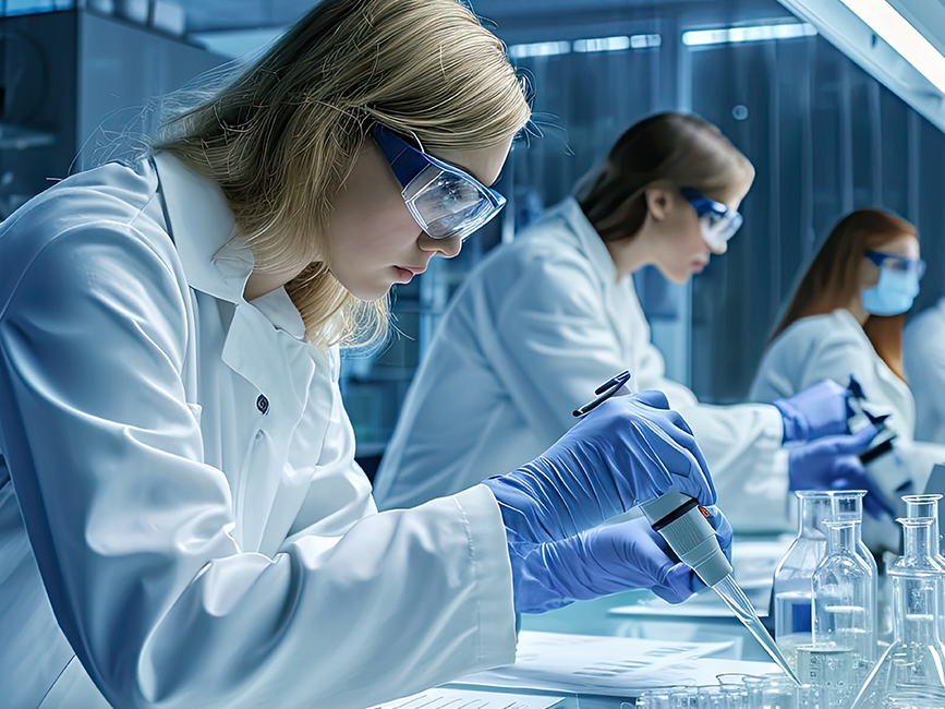 Young female researcher and her senior supervisor are doing investigations with Petri dish