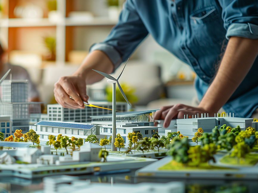Engineers designing models of turbines, solar panels, and clean energy